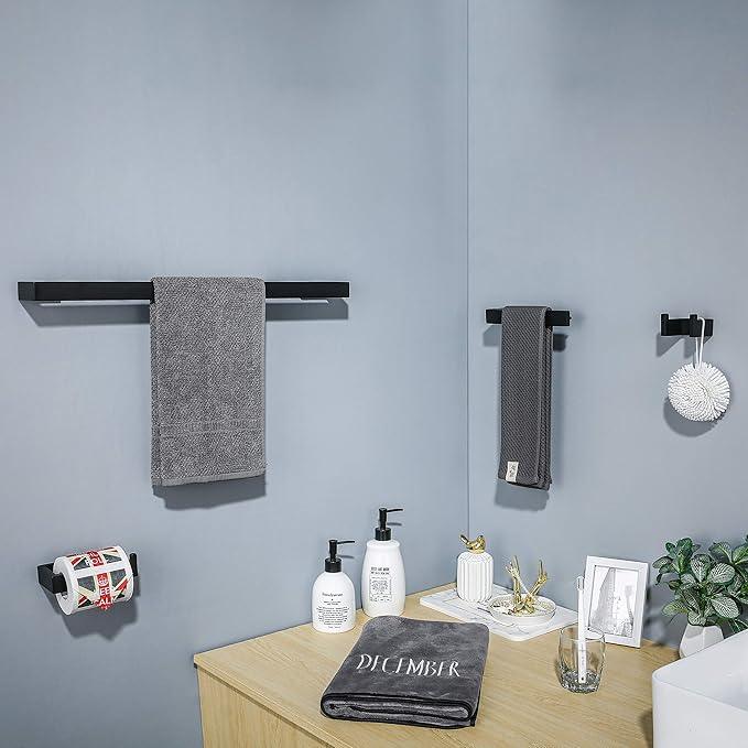 TNOMS 4 Pieces Bathroom Hardware Accessories Set Black Towel Bar Towel Holder Robe Hook Toilet Paper Holder Stainless Steel,Q8-P4BK - ModernBath