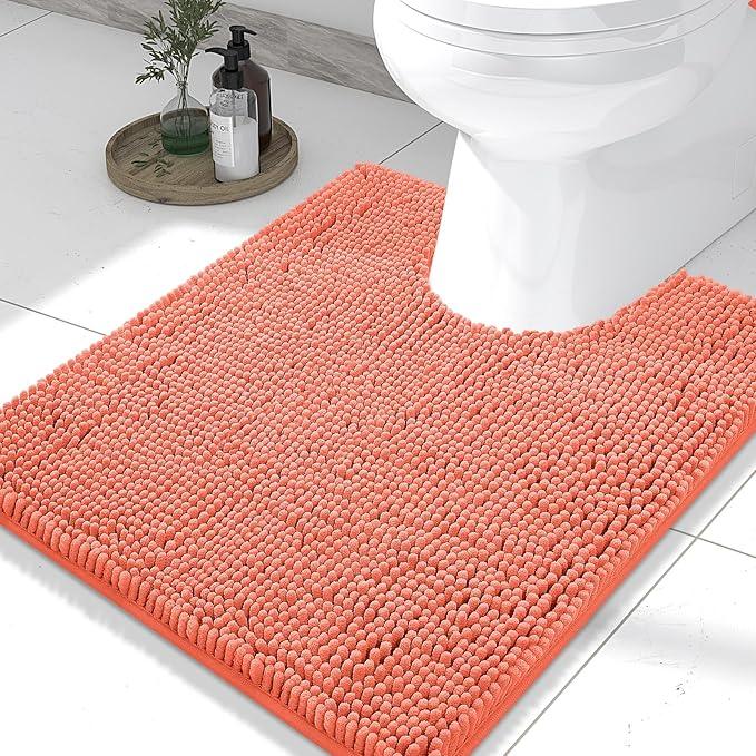 Smiry Luxury Chenille Toilet Rugs U-Shaped 24x20, Soft Absorbent Non-Slip Contour Bathroom Rugs for Toilet, Machine Washable Contoured Bath Mats, Coral - ModernBath
