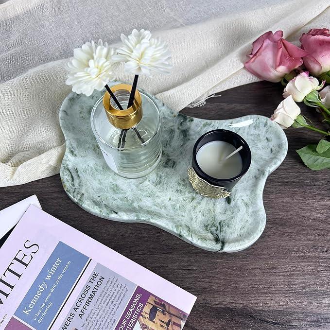 WneFu Choiziic Natural Decorative Tray, Cloud Shape, 9.8x6.1x0.62 Inches, Modern Style, Polished Finish, Bathroom Kitchen Counter Vanity Organizer with Anti-Slip Mad (Green-Marble-P) - ModernBath