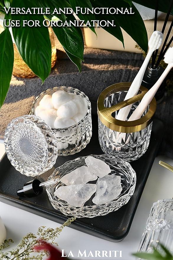 LaMarriti Glass Bathroom Accessories Set, 5pcs Crystal Clear Bathroom Set Accessories, Soap Dispenser, Toothbrush Holder Set, Soap Dish, Tumbler, Qtips Holder for Vintage Bathroom Decor, Gift Set - ModernBath