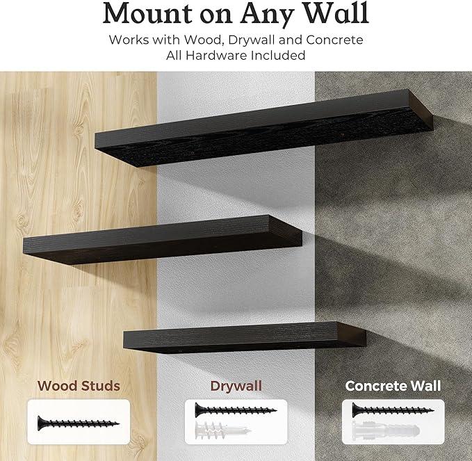 Floating Shelves for Wall, Wall Mounted Rustic Wood Shelves for Bathroom, Bedroom, Living Room, Kitchen, Hanging Shelf for Books/Storage/Room Decor (Black, 48") - ModernBath