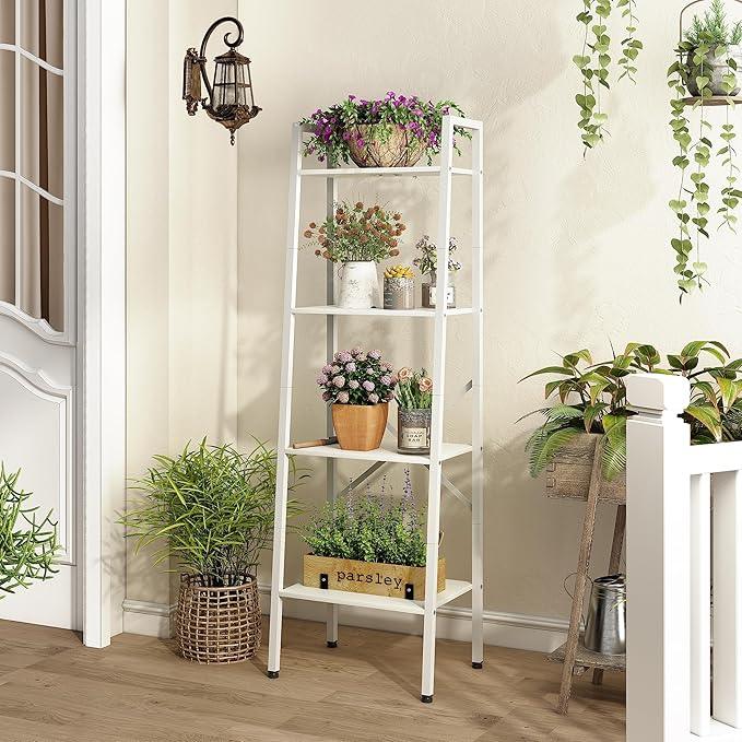Hoctieon 4-Tier Industrial Ladder Bookshelf, Narrow Ladder Shelf, Tall Standing Bookshelf, Skinny Open Ladder Shelf, for Living Room, Home Office, Kitchen, Bedroom, Metal Frame, White - ModernBath