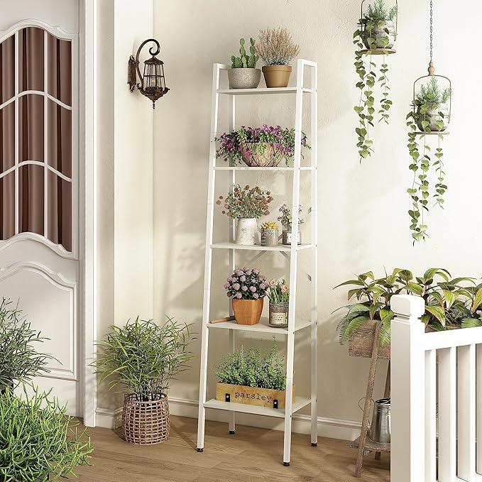 Hoctieon 5-Tier Industrial Ladder Bookshelf, Narrow Ladder Shelf, Tall Standing Bookshelf, Skinny Open Ladder Shelf, for Living Room, Home Office, Kitchen, Bedroom, Metal Frame, White - ModernBath