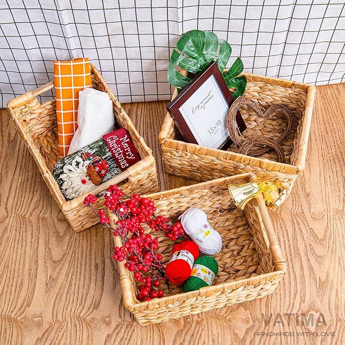 Natural Water Hyacinth storage basket with Handle, Rectangular Organizing Basket for Organizing, Decorative Wicker Storage Bins for Living Room, Medium Wicker Baskets - 3 Pack Medium - ModernBath