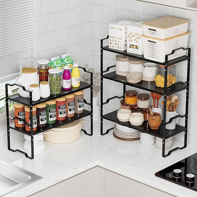 Jojocross Expandable Shelf for Cabinet Organizer Adjustable Stackable Spice Rack at Kitchen and Bathroom More, Counter Countertop Cupboard Organization Pantry Storage(LARGE/1PACK/BLACK) - ModernBath