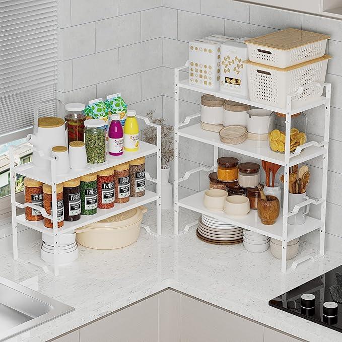 Jojocross Expandable Shelf for Cabinet Organizer Adjustable Stackable Spice Rack at Kitchen and Bathroom More, Counter Countertop Cupboard Organization Pantry Storage(MEDIUM/3PACKS/WHITE) - ModernBath