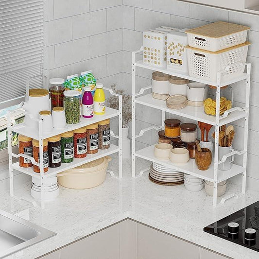 Jojocross Expandable Shelf for Cabinet Organizer Adjustable Stackable Spice Rack at Kitchen and Bathroom More, Counter Countertop Cupboard Organization Pantry Storage(MEDIUM/3PACKS/WHITE) - ModernBath