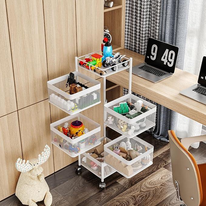 Fruit Basket for Kitchen No Assembly,Rotating Kitchen Storage Rack,Bathroom Shelf, Organizers and Storage Cart on Rolling Wheels，Potato and Onion Storage Organizer(White, 5 Tier-Square) - ModernBath
