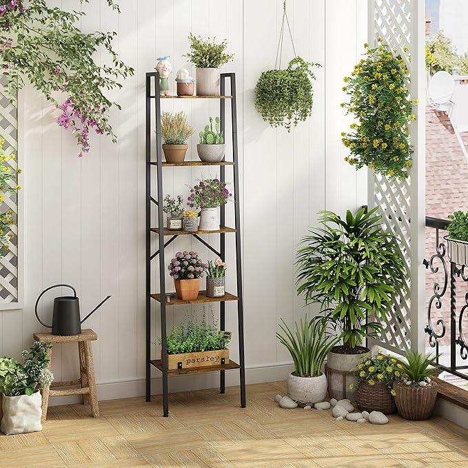 Hoctieon Industrial Ladder Bookshelf, Multifunctional Ladder Shelf, 5-Tier Tall Bookshelf, Open Ladder Shelf Bookcase, for Living Room, Home Office, Kitchen, Bedroom, Metal Frame, Rustic Brown - ModernBath