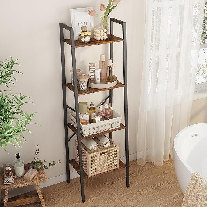 Hoctieon 4-Tier Industrial Ladder Bookshelf, Narrow Ladder Shelf, Tall Standing Bookshelf, Skinny Open Ladder Shelf, for Living Room, Home Office, Kitchen, Bedroom, Metal Frame, Rustic Brown - ModernBath
